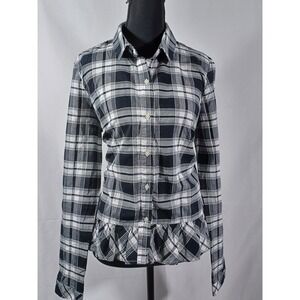 Tommy Hilfiger Womens Plaid Ruffle Hem Button Up Shirt Top S/P Black White